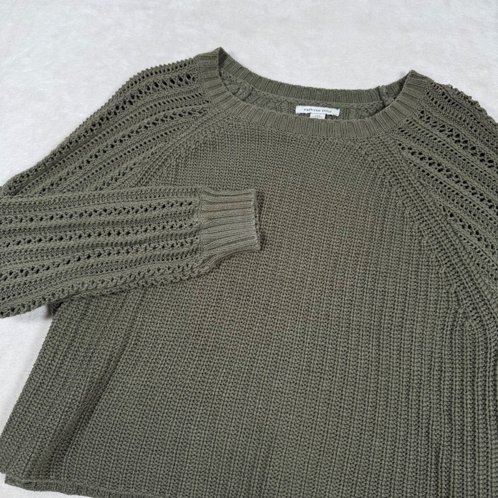 American Eagle Women Green Knit‎ Raglan Sleeve Cropped Sweater Large RN 54485